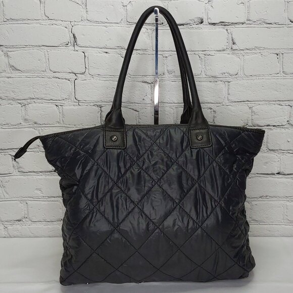 TORY BURCH TOTE BAG LEATHER & NYLON NAVY BLUE DOUBLE SHOULDER STRAPS - Picture 3 of 14